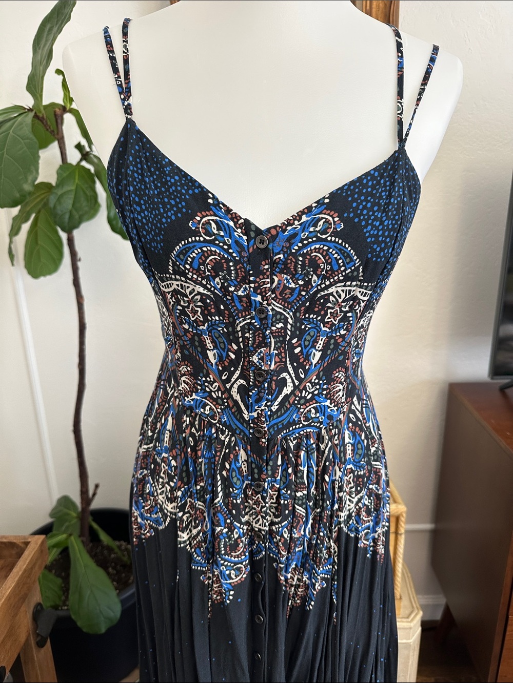 Free People Black Maxi Dress with Blue & Cream Paisley Print